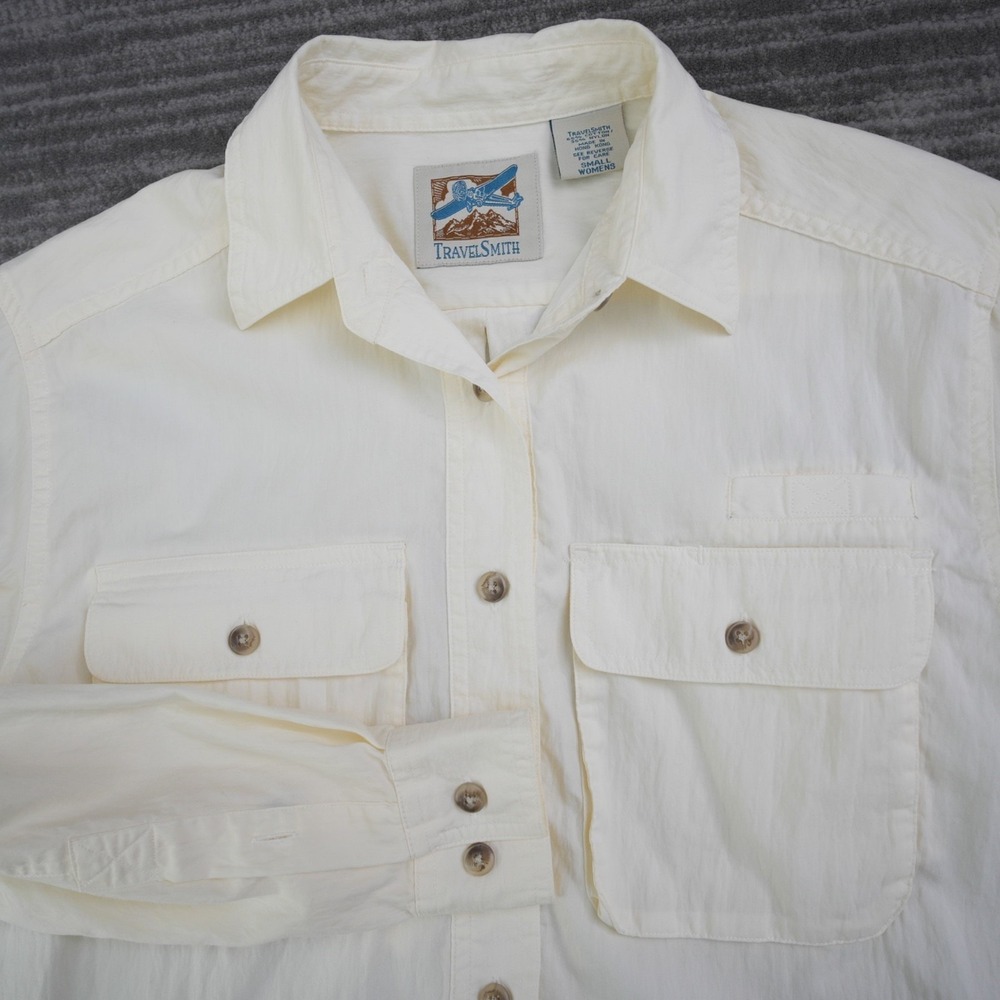 TravelSmith Shirt Women Button Up Long Sleeve 4 Pockets Ivory Hong‎ Kong Small
